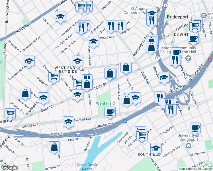 map of restaurants, bars, coffee shops, grocery stores, and more near 223 Norman Street in Bridgeport