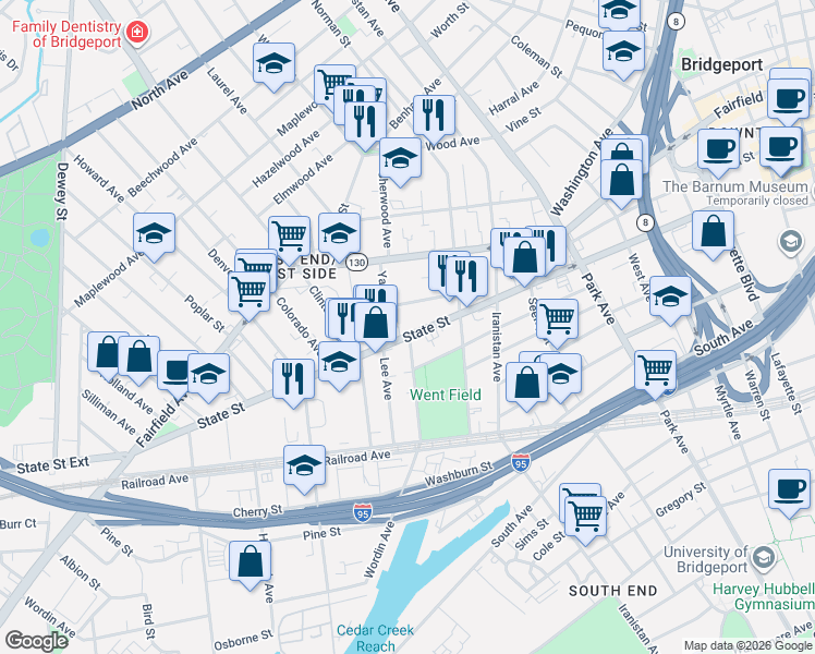 map of restaurants, bars, coffee shops, grocery stores, and more near 1078 State Street in Bridgeport
