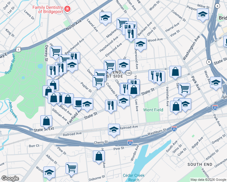 map of restaurants, bars, coffee shops, grocery stores, and more near 287 Colorado Avenue in Bridgeport