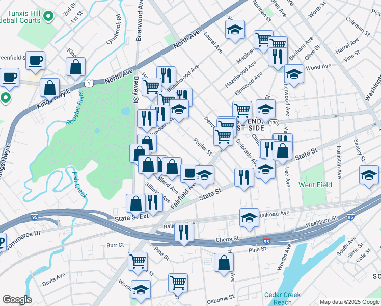 map of restaurants, bars, coffee shops, grocery stores, and more near 882 Hancock Avenue in Bridgeport