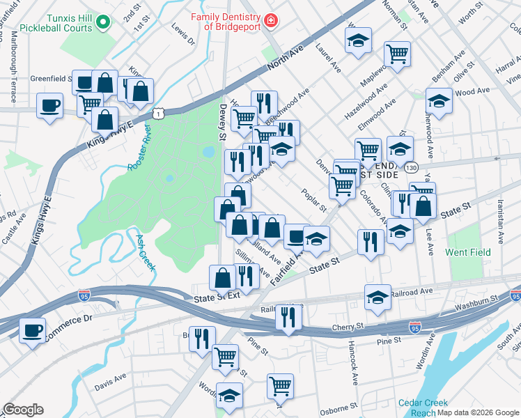 map of restaurants, bars, coffee shops, grocery stores, and more near 386 Mountain Grove Street in Bridgeport