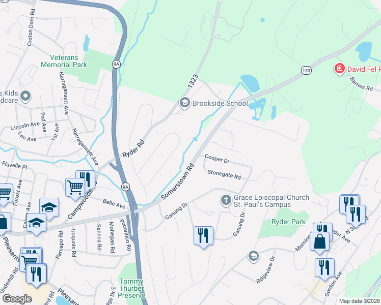 map of restaurants, bars, coffee shops, grocery stores, and more near 27 Somerstown Road in Ossining