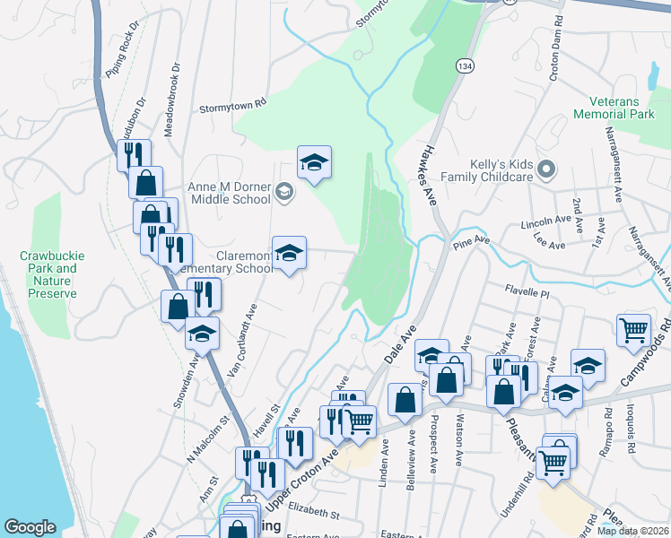 map of restaurants, bars, coffee shops, grocery stores, and more near 105 Havell Street in Ossining