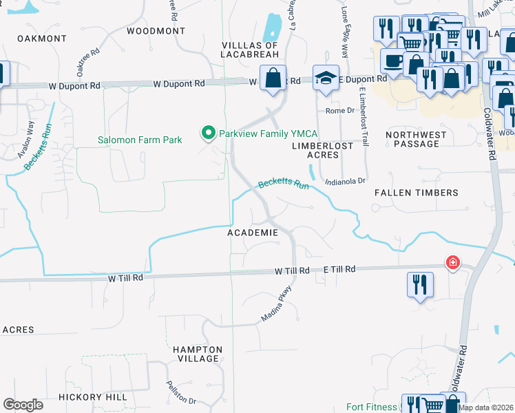 map of restaurants, bars, coffee shops, grocery stores, and more near 9615 Colsons Hill in Fort Wayne
