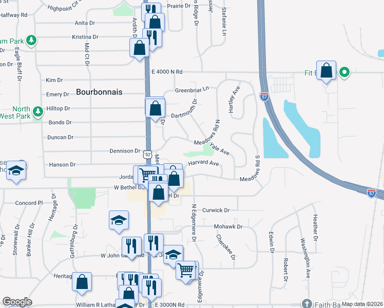 map of restaurants, bars, coffee shops, grocery stores, and more near 237 Harvard Avenue in Bourbonnais