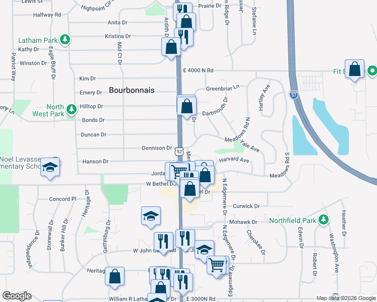 map of restaurants, bars, coffee shops, grocery stores, and more near 101 Meadows Road South in Bourbonnais