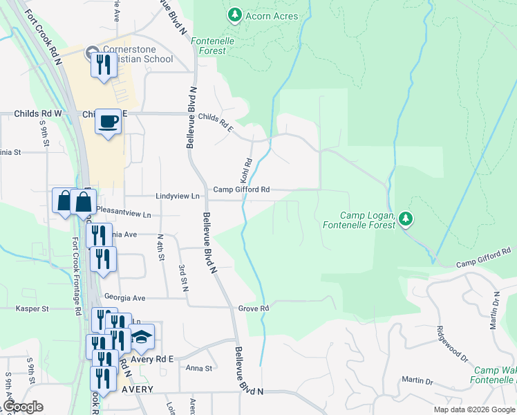 map of restaurants, bars, coffee shops, grocery stores, and more near 1603 Chaput Drive in Bellevue