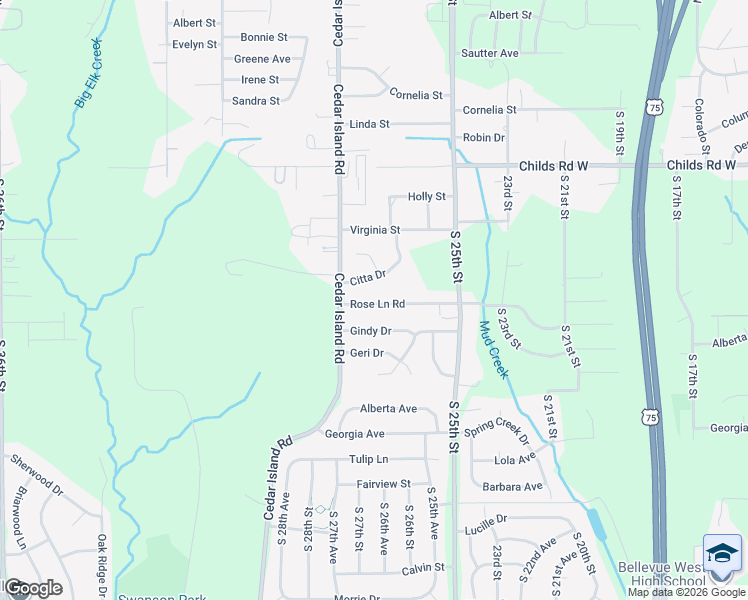 map of restaurants, bars, coffee shops, grocery stores, and more near 2602 Rose Lane Road in Bellevue