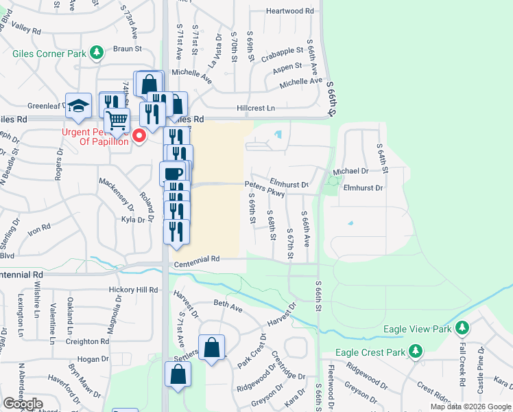 map of restaurants, bars, coffee shops, grocery stores, and more near 8625 South 69th Street in Papillion