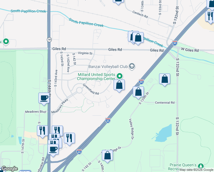 map of restaurants, bars, coffee shops, grocery stores, and more near 13822 Greenfield Road in Omaha