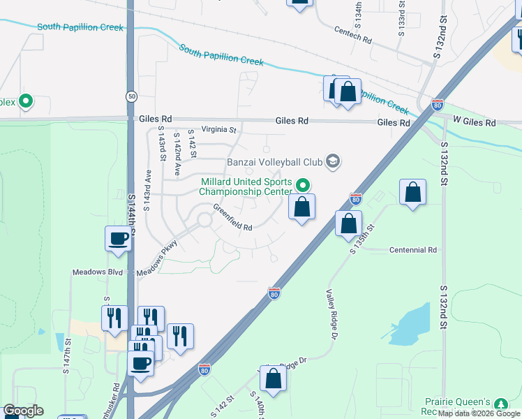 map of restaurants, bars, coffee shops, grocery stores, and more near 13822 Greenfield Road in Omaha