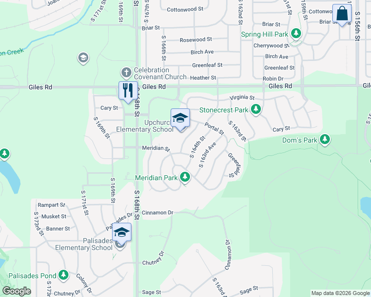 map of restaurants, bars, coffee shops, grocery stores, and more near 8704 South 164th Street in Omaha