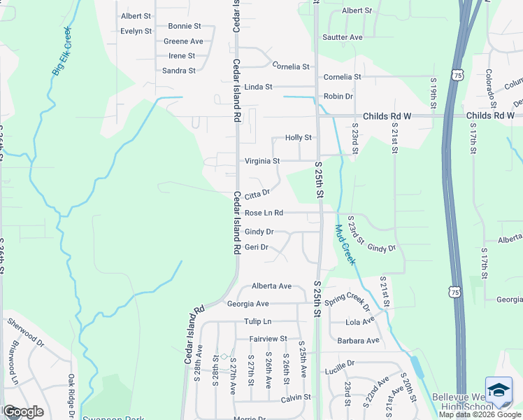 map of restaurants, bars, coffee shops, grocery stores, and more near 2602 Rose Lane Road in Bellevue