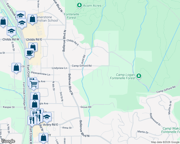 map of restaurants, bars, coffee shops, grocery stores, and more near 1603 Chaput Dr in Bellevue