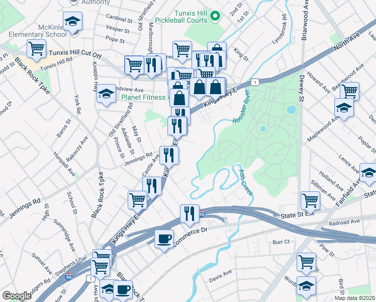 map of restaurants, bars, coffee shops, grocery stores, and more near 501 Kings Highway East in Fairfield