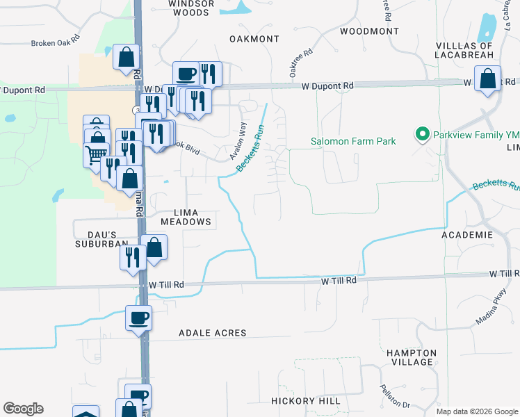 map of restaurants, bars, coffee shops, grocery stores, and more near 1118 West Till Road in Fort Wayne