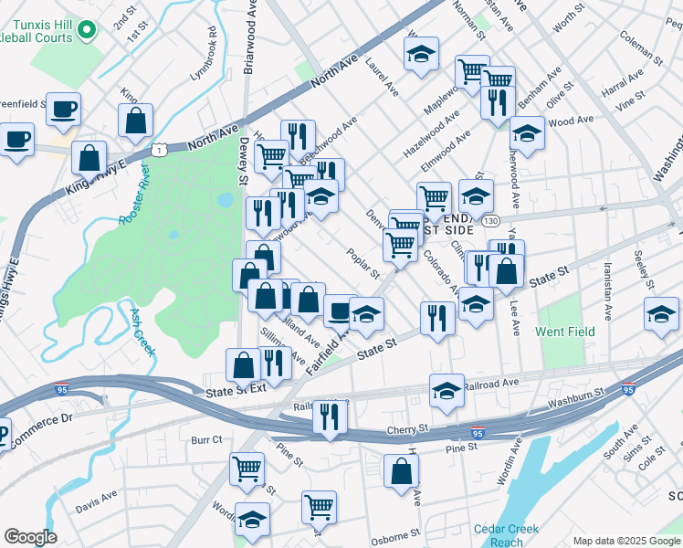 map of restaurants, bars, coffee shops, grocery stores, and more near 882 Hancock Avenue in Bridgeport