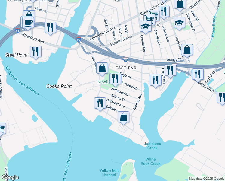 map of restaurants, bars, coffee shops, grocery stores, and more near 164-166 Jefferson Street in Bridgeport