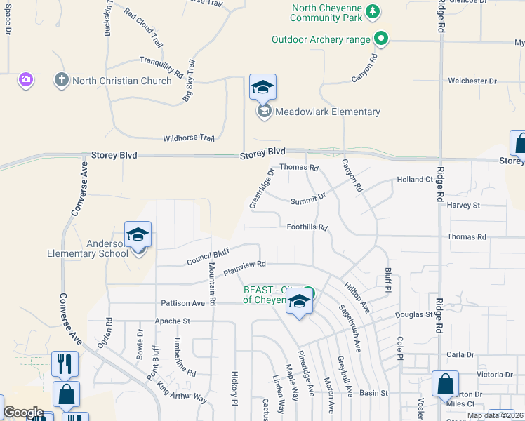 map of restaurants, bars, coffee shops, grocery stores, and more near 2524 Levi Road in Cheyenne