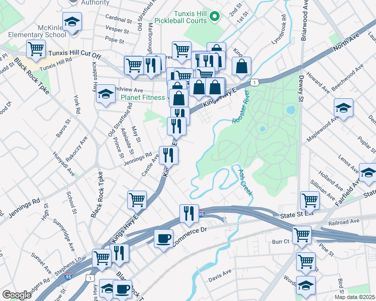 map of restaurants, bars, coffee shops, grocery stores, and more near 501 Kings Highway East in Fairfield