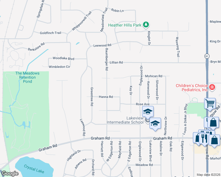 map of restaurants, bars, coffee shops, grocery stores, and more near 3791 Baumberger Road in Stow