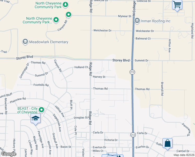 map of restaurants, bars, coffee shops, grocery stores, and more near 5801 Ridge Rd in Cheyenne