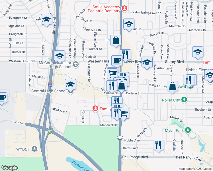 map of restaurants, bars, coffee shops, grocery stores, and more near 5711 Osage Avenue in Cheyenne