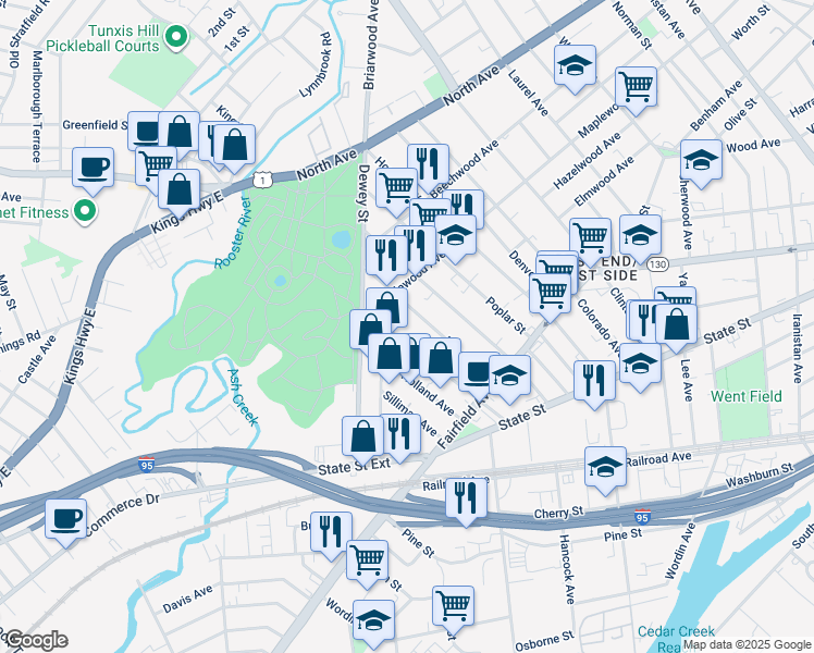 map of restaurants, bars, coffee shops, grocery stores, and more near 386 Mountain Grove Street in Bridgeport