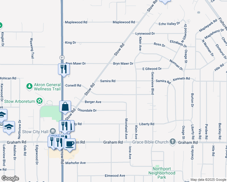 map of restaurants, bars, coffee shops, grocery stores, and more near 2083 Conwill Road in Stow