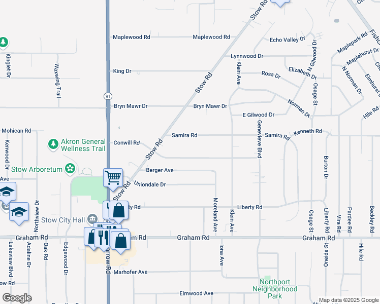 map of restaurants, bars, coffee shops, grocery stores, and more near 2083 Conwill Road in Stow