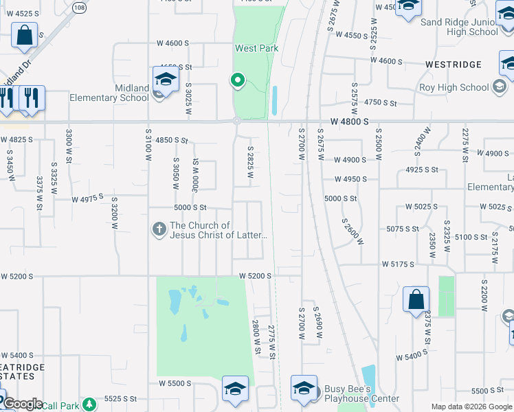 map of restaurants, bars, coffee shops, grocery stores, and more near 2817 5000 South Street in Roy