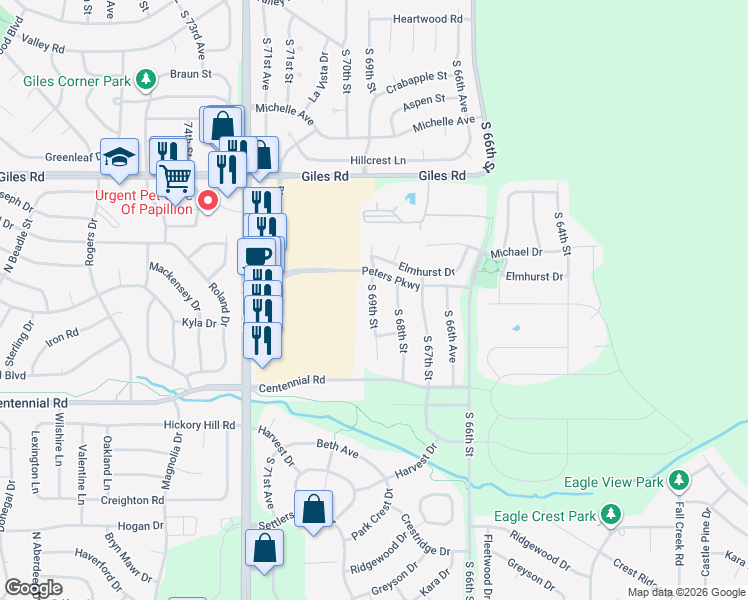 map of restaurants, bars, coffee shops, grocery stores, and more near 8625 South 69th Street in Papillion