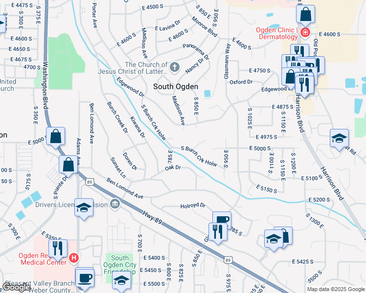 map of restaurants, bars, coffee shops, grocery stores, and more near 797 East Burch Creek Hollow in Ogden