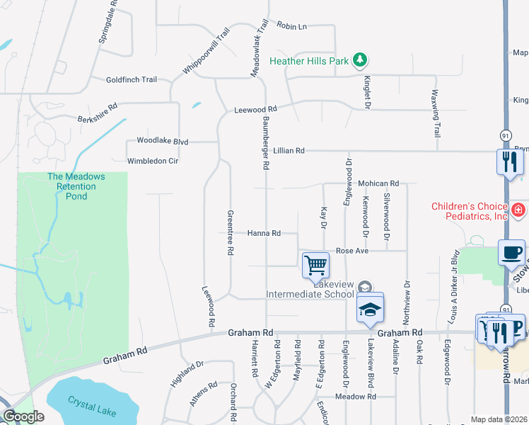 map of restaurants, bars, coffee shops, grocery stores, and more near 3791 Baumberger Road in Stow