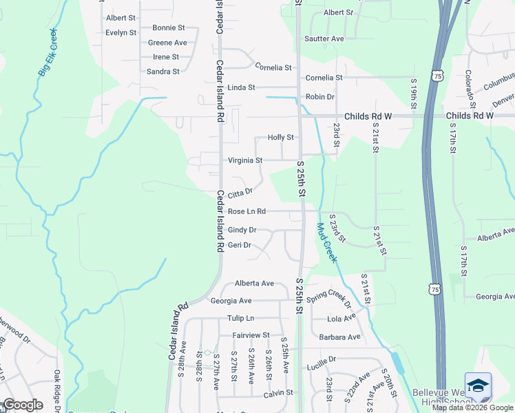 map of restaurants, bars, coffee shops, grocery stores, and more near 2602 Rose Lane Road in Bellevue