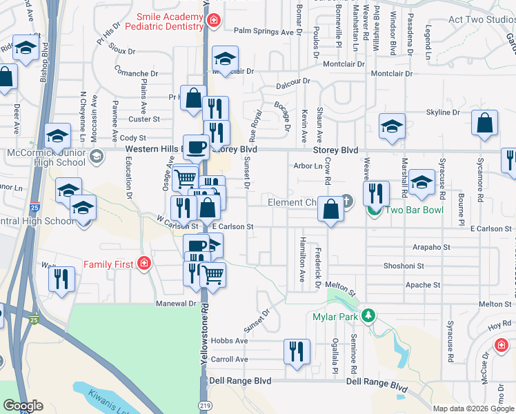 map of restaurants, bars, coffee shops, grocery stores, and more near 5720 Sunset Dr in Cheyenne