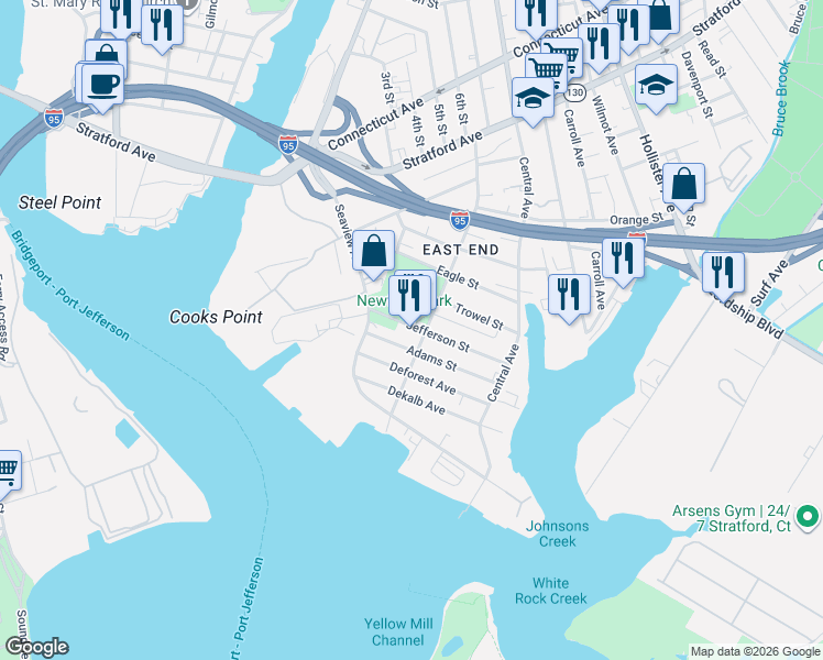 map of restaurants, bars, coffee shops, grocery stores, and more near 164-166 Jefferson Street in Bridgeport