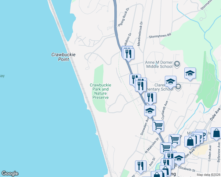 map of restaurants, bars, coffee shops, grocery stores, and more near 32 Beach Road in Ossining