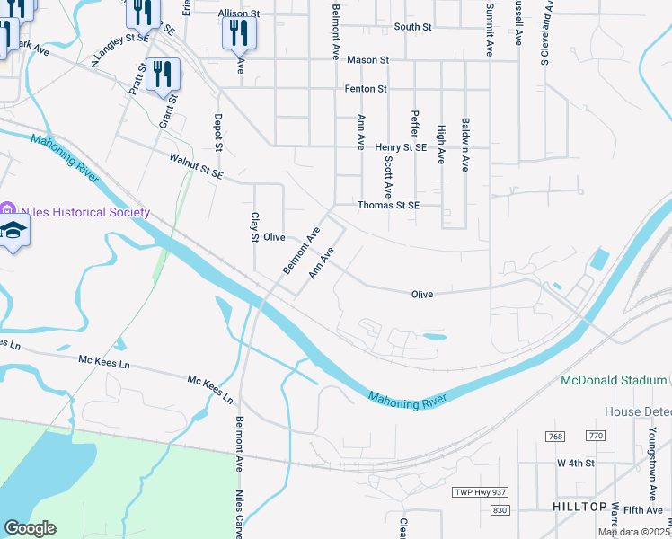 map of restaurants, bars, coffee shops, grocery stores, and more near 823 Ann Avenue in Niles