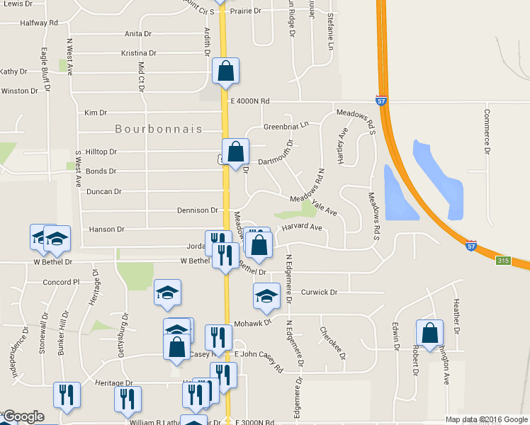 map of restaurants, bars, coffee shops, grocery stores, and more near 180 Meadows Road North in Bourbonnais