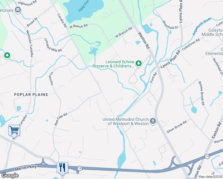 map of restaurants, bars, coffee shops, grocery stores, and more near 69 Red Coat Road in Westport