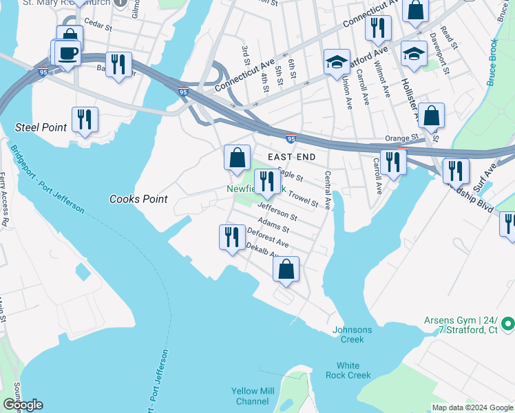 map of restaurants, bars, coffee shops, grocery stores, and more near 154 Jefferson Street in Bridgeport
