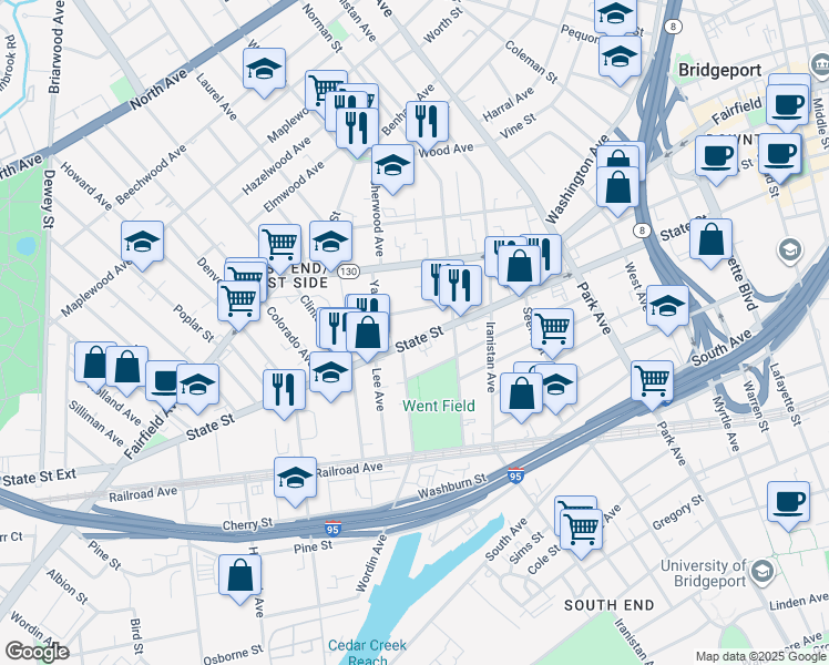 map of restaurants, bars, coffee shops, grocery stores, and more near 1054 State Street in Bridgeport