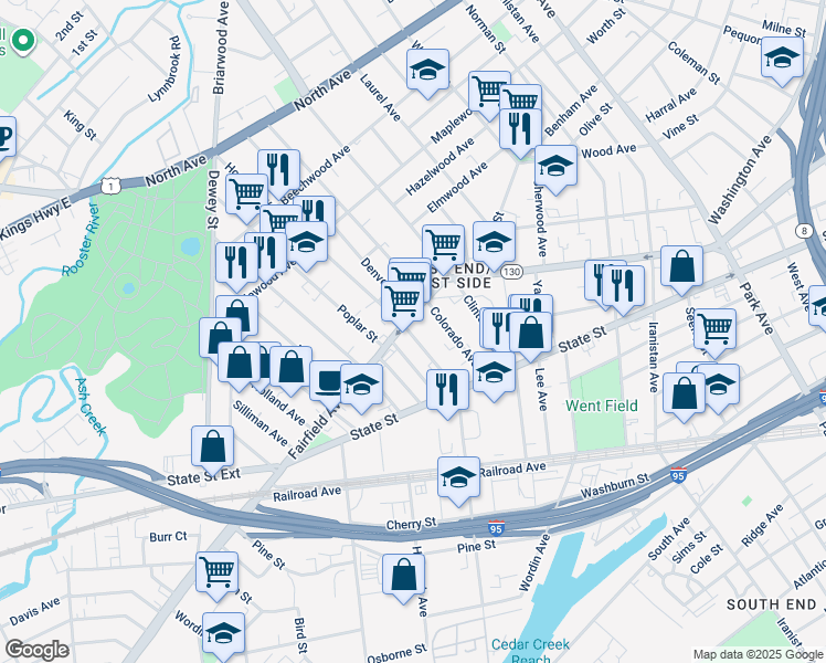 map of restaurants, bars, coffee shops, grocery stores, and more near 798 Howard Avenue in Bridgeport