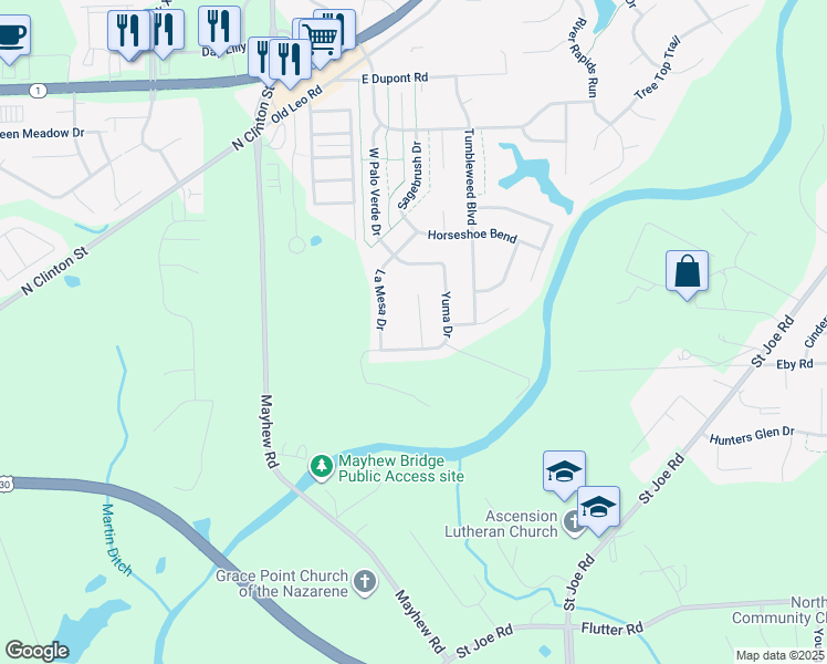 map of restaurants, bars, coffee shops, grocery stores, and more near 9609 Rio Canyon Court in Fort Wayne