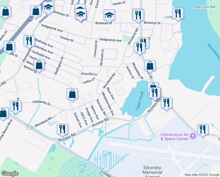 map of restaurants, bars, coffee shops, grocery stores, and more near 15 Meadowview Avenue in Stratford