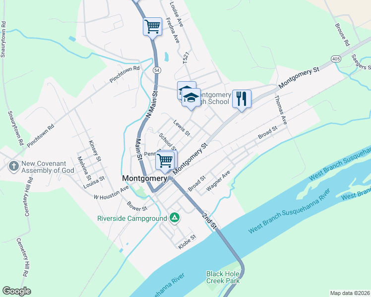 map of restaurants, bars, coffee shops, grocery stores, and more near 61-91 E Houston Ave in Montgomery