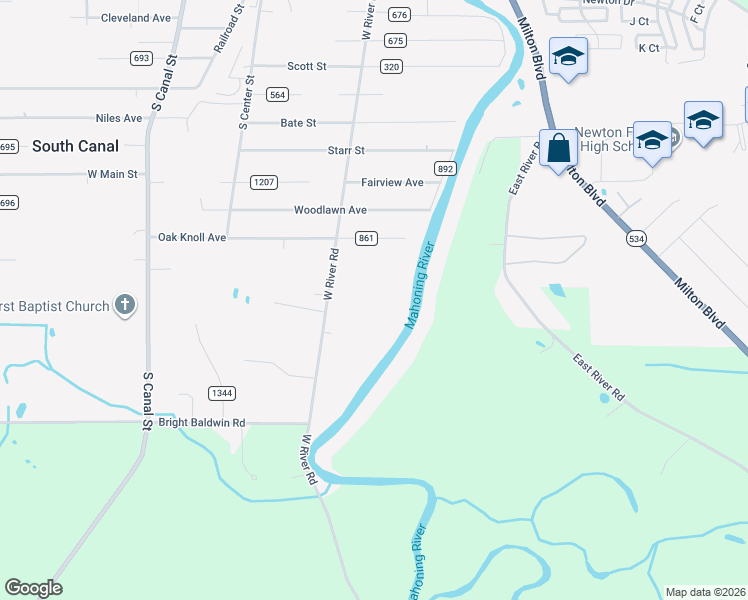 map of restaurants, bars, coffee shops, grocery stores, and more near 2597 West River Road in Newton Falls
