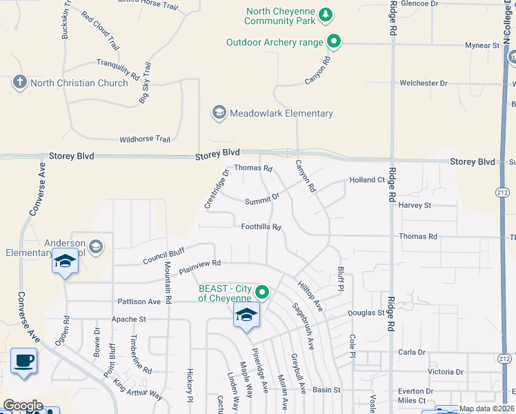 map of restaurants, bars, coffee shops, grocery stores, and more near 5807 Cityview Court in Cheyenne