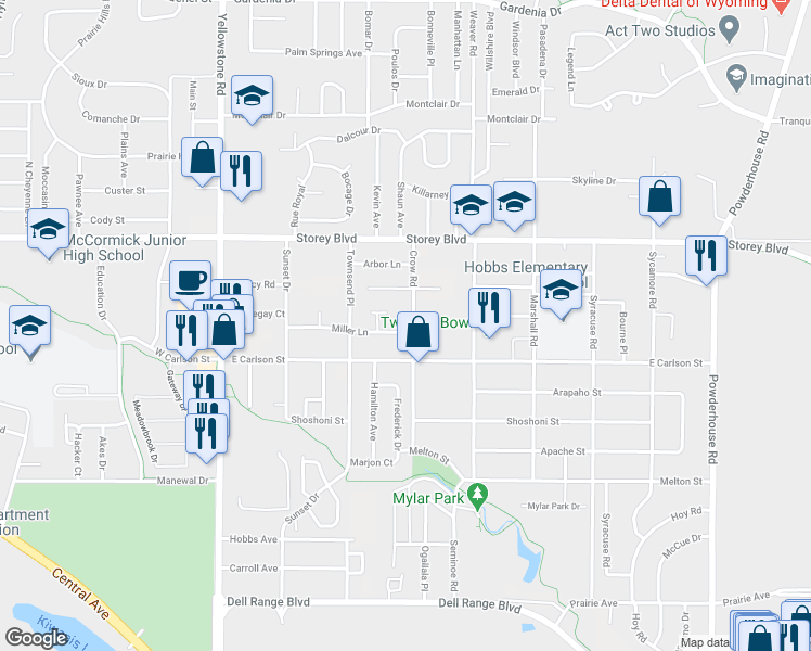 map of restaurants, bars, coffee shops, grocery stores, and more near 413 Miller Lane in Cheyenne